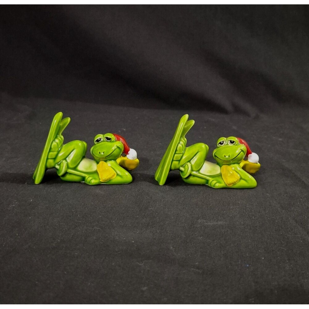 Vintage Norcrest Japan Set Of 2 Frogs With Ski Laying On Ground Christmas decor